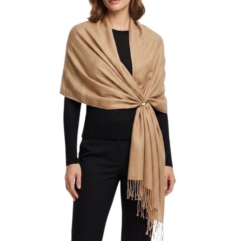 Cejon Wool & Silk Blend 22x77 Tan Wrap Scarf Pashmina Shawl Fringe Trim Womens